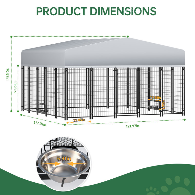 Grand chenil d'extérieur pour chien 122 po x 117 po x 71 po avec toit imperméable résistant aux rayons UV, porte pivotante et verrou sécuritaire 