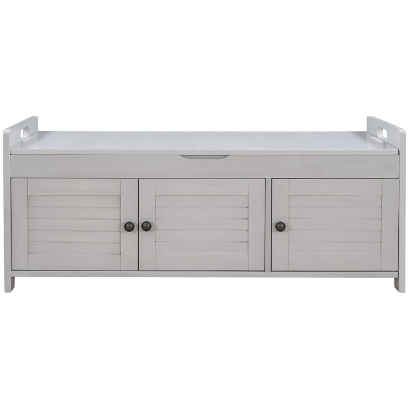 Storage Bench With 3 Shutter-Shaped Doors, Shoe Bench With Removable Cushion And Hidden Storage Space (Gray Wash), Gray Wash