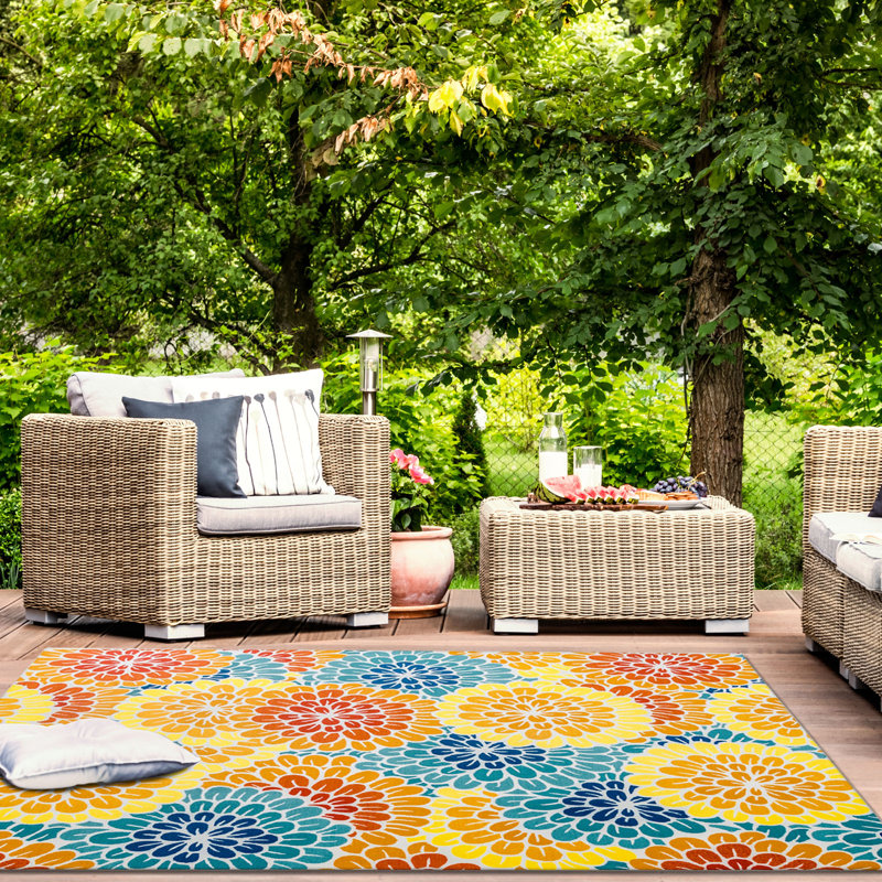Tapis extérieur floral jaune / rouge / bleu SUNSHINE, Rectangle 5 pi x 7 pi