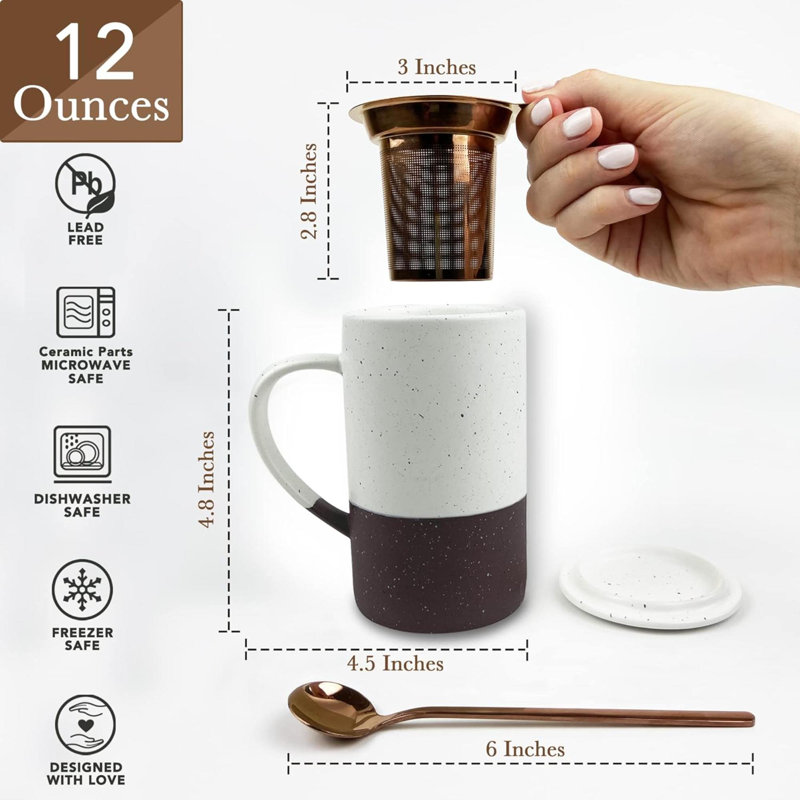 Mora Ceramics Tea Cup With Loose Leaf Infuser, Spoon And Lid,  Microwave And Dishwasher Safe Coffee Mug - Rustic Matte Ceramic Glaze, Modern Herbal Tea Strainer - Great Gift For Women, Garnet