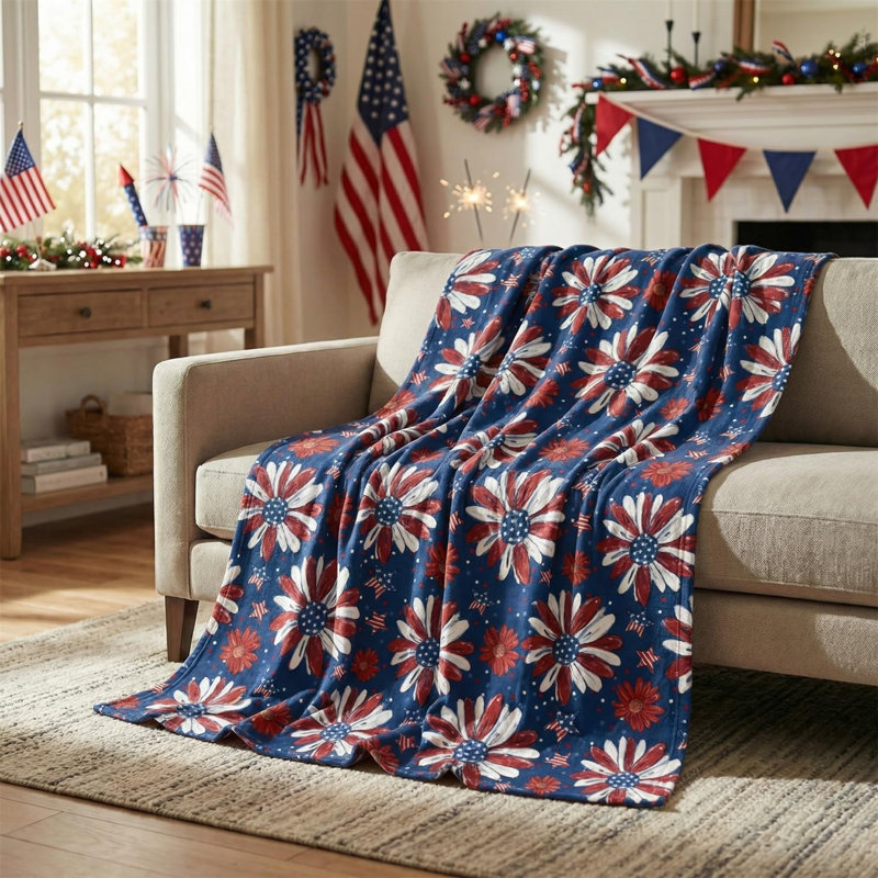 Jeté de flanelle du 4 juillet, impression patriotique du Jour du Souvenir, fleurs, jour de l'Independence, douces couvertures en molleton douillet et moelleux pour la décoration du canapé-lit, cadeaux idéaux pour les enfants adultes 60 x 80