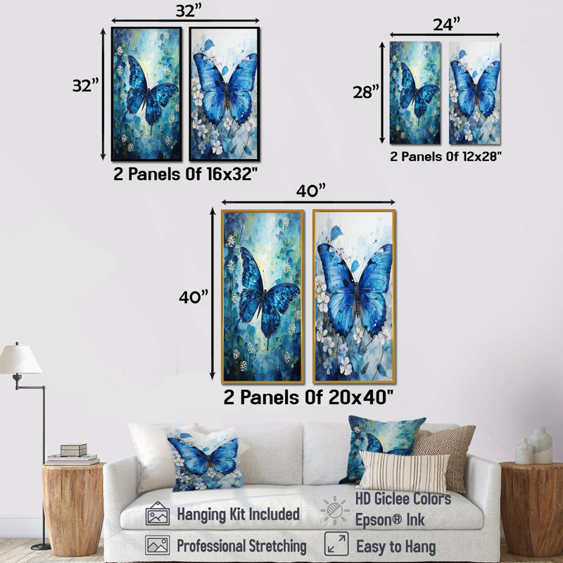Ensemble de 2 décorations murales Butterfly Sapphire Flutter, H 40 po x l 41 po, Cadre flottant blanc