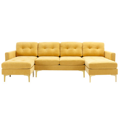 Canapé modulaire convertible en forme de L de 110 po avec repose-pieds mobile - canapé en velours, garniture cloutée, poches de rangement - Conception modulaire: en U, en forme de L ou séparée - Pieds en métal doré - pour le salon, appartement, bureau - 330 lb par siège