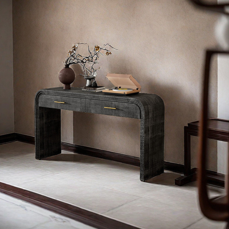 Curved Retro Entryway Console Table with 2 Drawers, Open Base Accent Table with Fluted Detail for Living Room & Dining Room