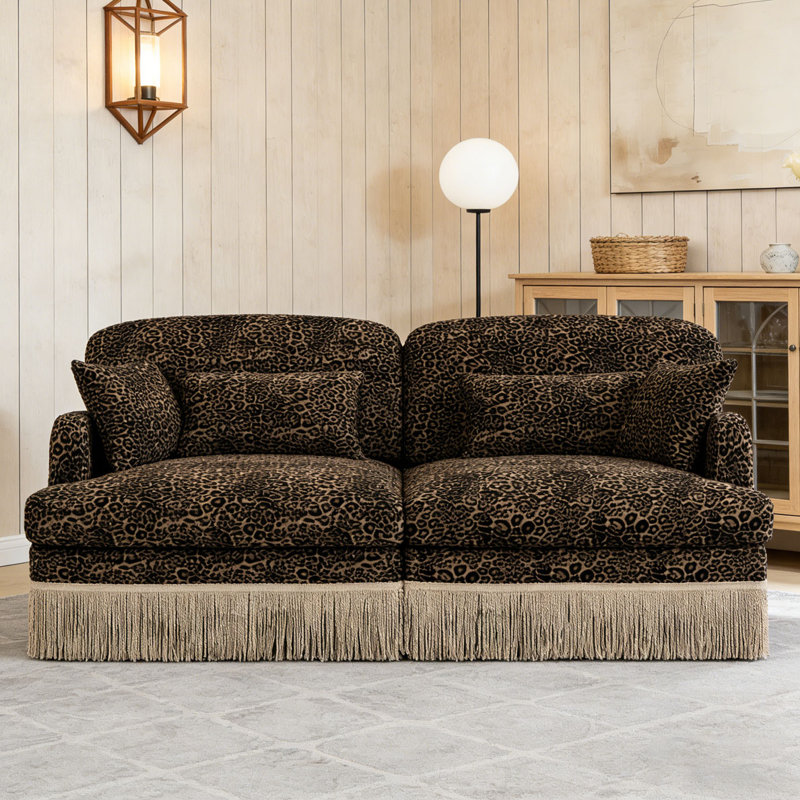 Comfy Chenille Leopard Printing Sofa,Delicate Tassel Edge,Movable Ottomans,Modern Fashion Style, Brown+2seat