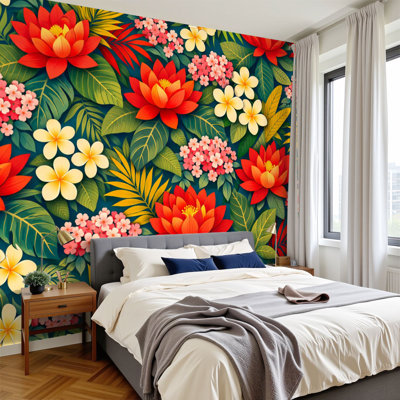 Peel and Stick Wallpaper Vibrant Tropical Floral Exotic Leaves Bright Flowers Wall Murals 100"H x 144"W Removable PVC Wall Paper Self-Adhesive Wall Decor for Bedroom Living Room Home Office