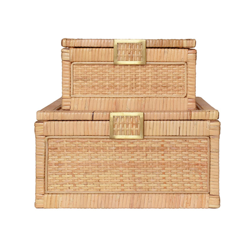 Natural Rattan Decorative Box with Brass Accents