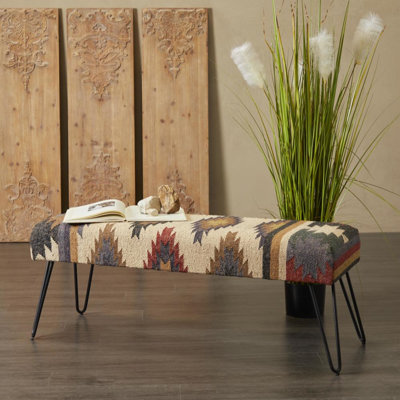 Banc tribal en tissu de coton multicolore avec pieds en épingle en métal Castulo