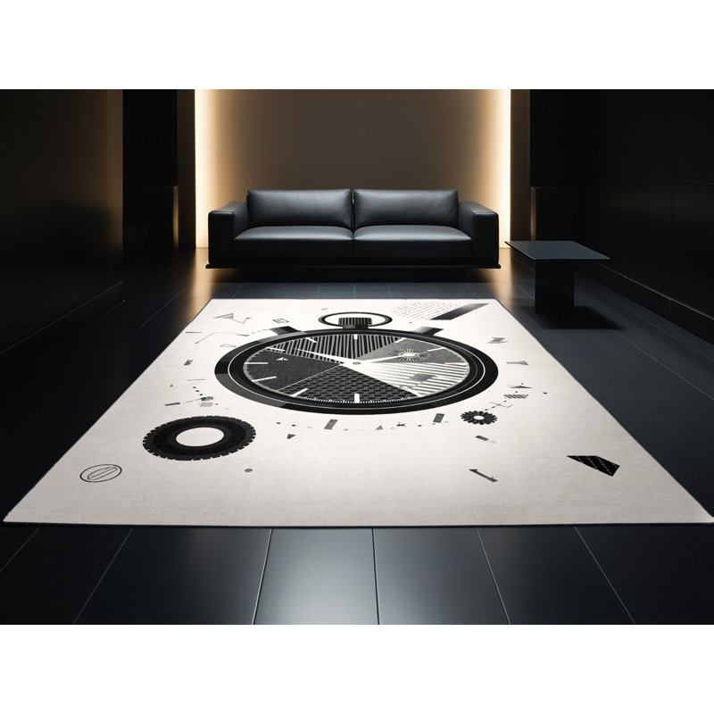 Machine Washable Bracondale Stopwatch Timer Modern & Contemporary Geometric Rug in Gray – Black Binding, 7x9