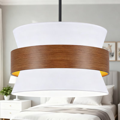 Lustre tambour 5 lumières pour salle à manger de ferme, grand luminaire suspendu réglable en tissu blanc avec cadre en imitation rustique pour îlot de cuisine