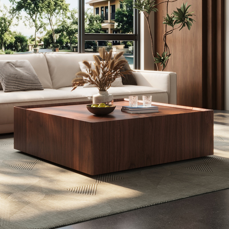 Wood Square Coffee Table with Storage Drawers for Living Room & Home Office
