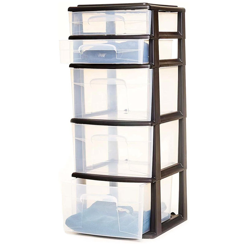 Black and Clear Plastic 5-Drawer Storage Tower
