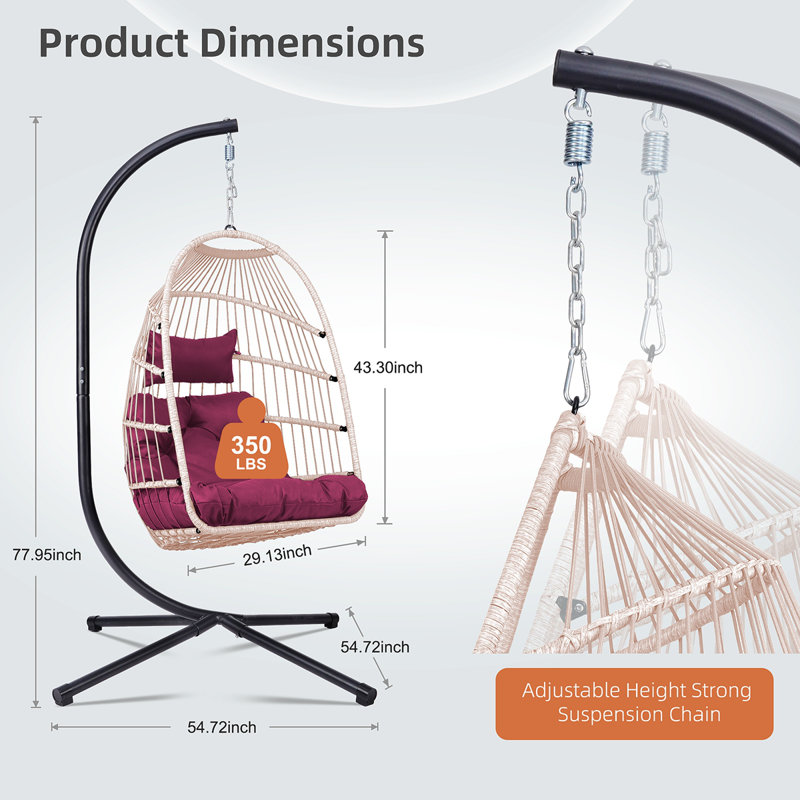 Outdoor Egg Hanging Chair With Stand, Patio Wicker Swing Egg Chair Indoor Swinging Chair Outdoor Hammock Egg Chair. Rose Red