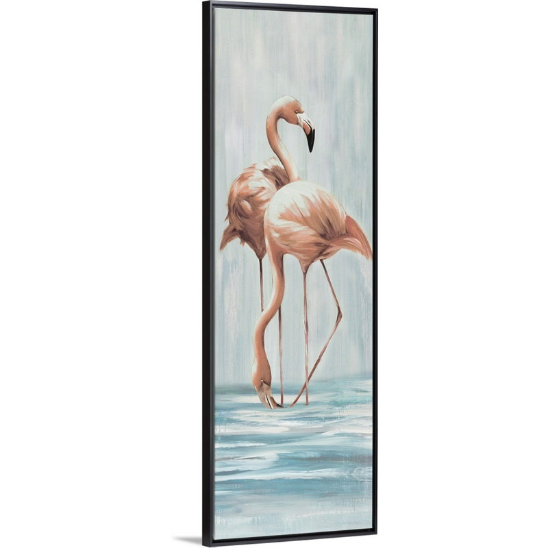 « flamant rose vii », peinture sur toile, H 61,7 po x l 21,7 po x p 1,75 po, Cadre flottant noir