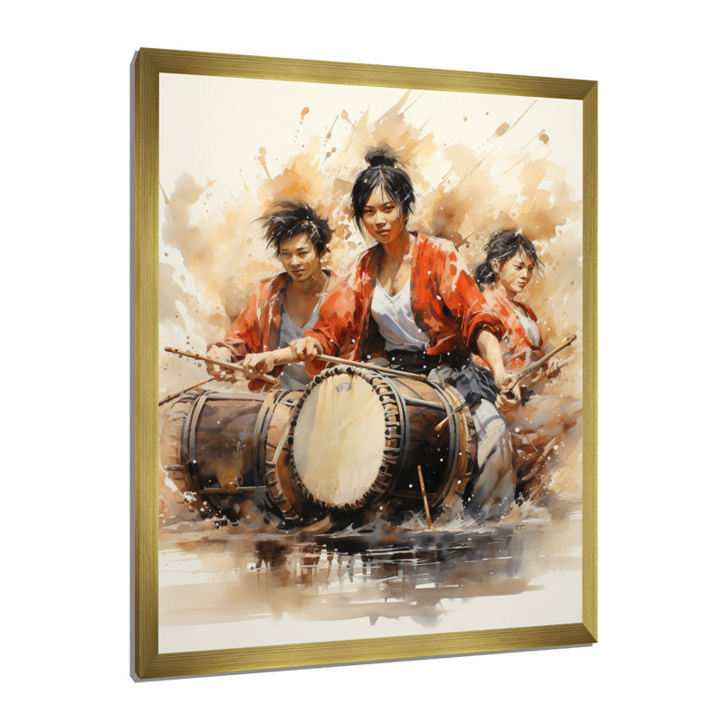 «Deaneen Japon Art Taiko Drumming» sur toile, Encadrement doré, H 44 po x l 34 po x P 1,5 po