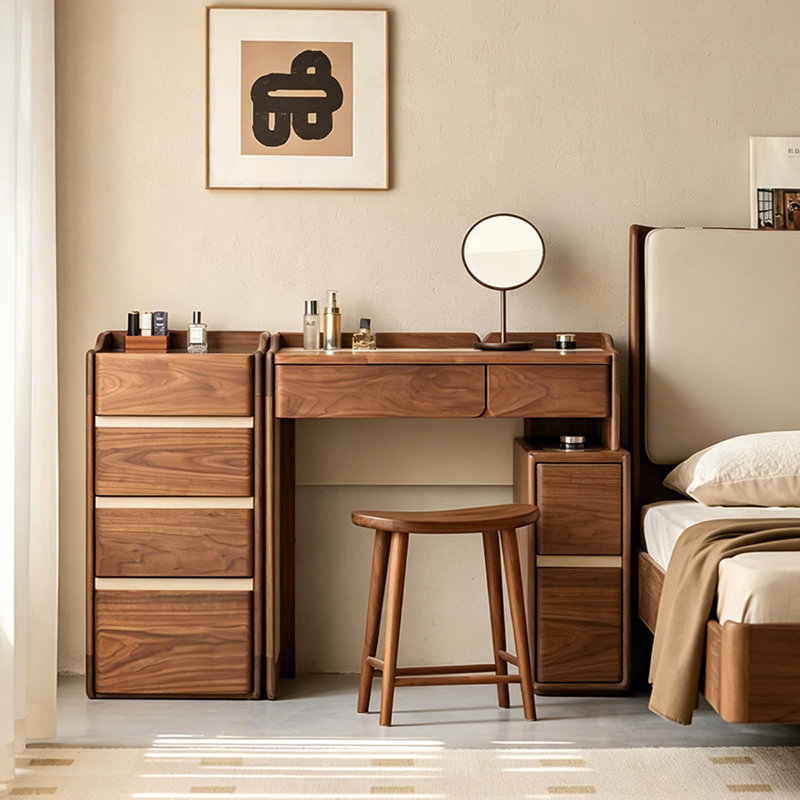 Table de meuble-lavabo de luxe 47,24 po en noyer clair - combinaison de commode modulaire, bords chanfreinés arrondis, tiroir à code, trou de gestion des câbles, espace de rangement encastré, glissières en métal lisse, pour rangement de coin de chambre et de bijoux
