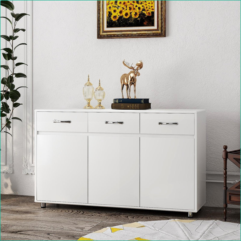 Sideboards, Modern White 3-Door 3-Drawer Storage Cabinet | E1 MDF | Steel Legs