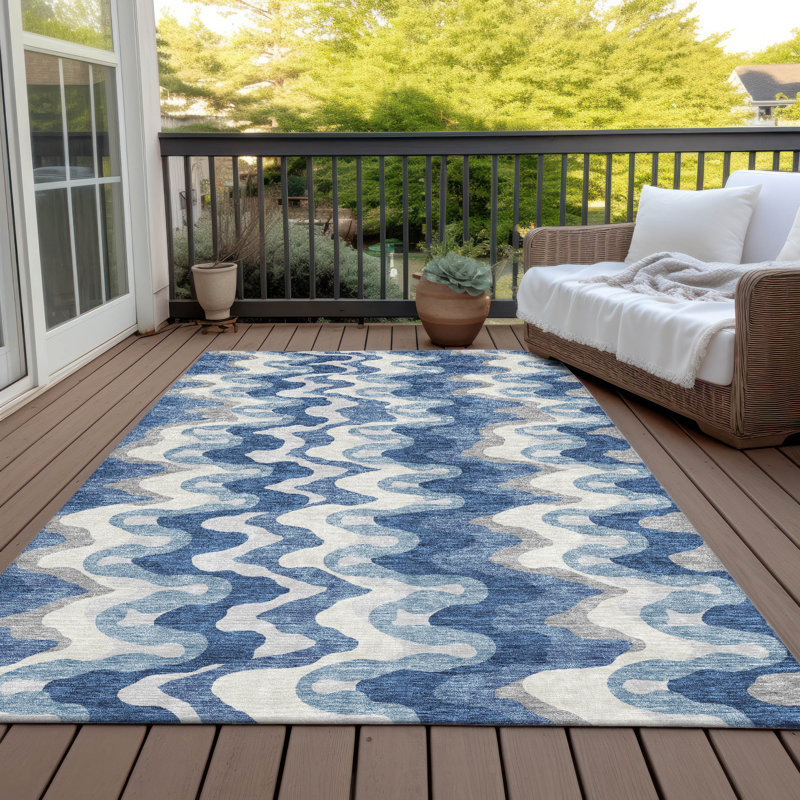 Tapis bleu intérieur / extérieur lavable à la machine Caziyah, Rectangulaire 8 pi x 10 pi