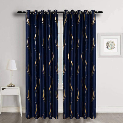 MYRU Blackout Curtains 54x84 Navy Blue Gold Striped - 2 Panels Thermal Insulated Energy Saving Grommet Curtains for Bedroom Living Room