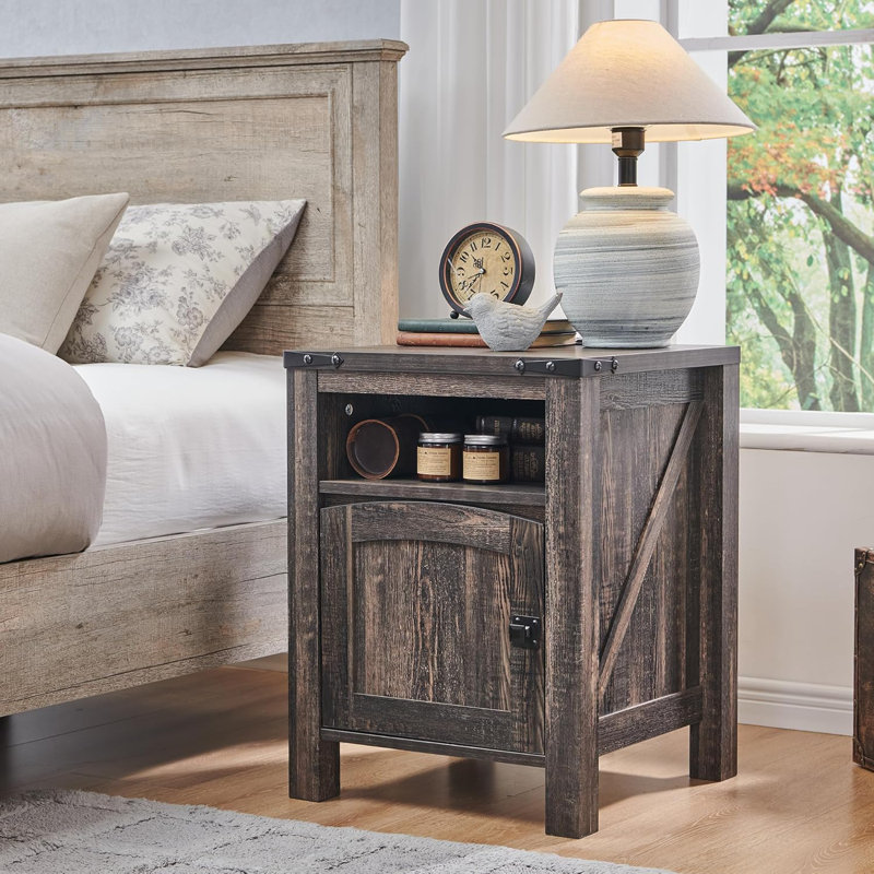 18'' Farmhouse Nightstand – Charging Station & End Table, Dark Rustic Oak Top/ Dark Rustic Oak Base
