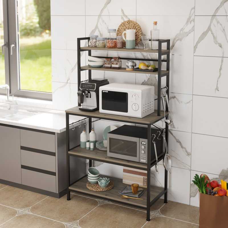 Washed Gray Industrial Metal and Wood Baker's Rack with Hooks