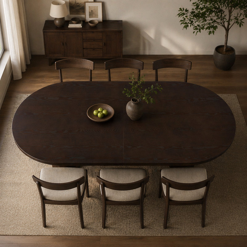 Table de salle à manger, forme ovale, double piédestal, bois massif et bois d'ingénierie, pieds en demi-lune, rainures verticales, finition grain naturel, peut accueillir jusqu'à six personnes