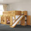 Lit simple mezzanine pour enfants avec glissade, escalier de rangement, garde-robe, portes et fenêtres décoratives, naturel-133338936-133338935
