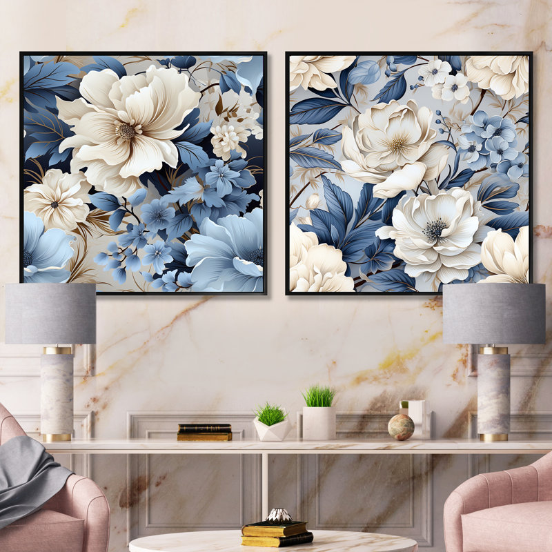 Watford - Ensemble de 2 collages carrés floraux, Cadre flottant noir, H 30 po x l 61 po