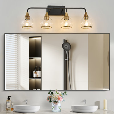 Applique murale moderne 31 po à 4 lumières pour meuble-lavabo 31 po - Luminaire de salle de bain noir et doré avec abat-jour en verre transparent, lampe murale industrielle pour miroir, meuble-lavabo et espaces de vie (ampoule non incluse)
