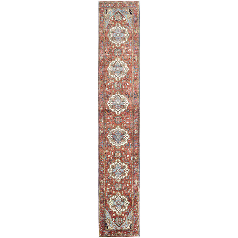 Hand Knotted Wool Area Rug in Red, Runner 2'6" x 14'