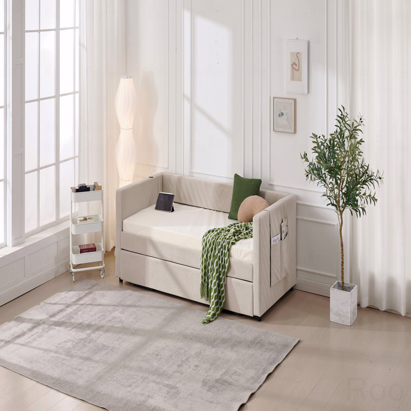Upholstered Trundle Daybed, Twin Size,USB Port,Side Pockets, Modern V-Grained Backrest Design,No Box Spring Needed, Beige