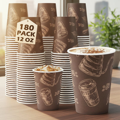 Paquet de 180 gobelets en papier jetables de 12 oz d'épaisseur, convenant aux boissons chaudes et froides, idéal pour les bureaux, les maisons et les fêtes