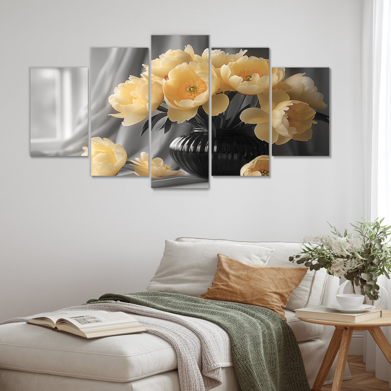 Ensemble d'art mural sur toile jaune et gris avec pivoines rétro