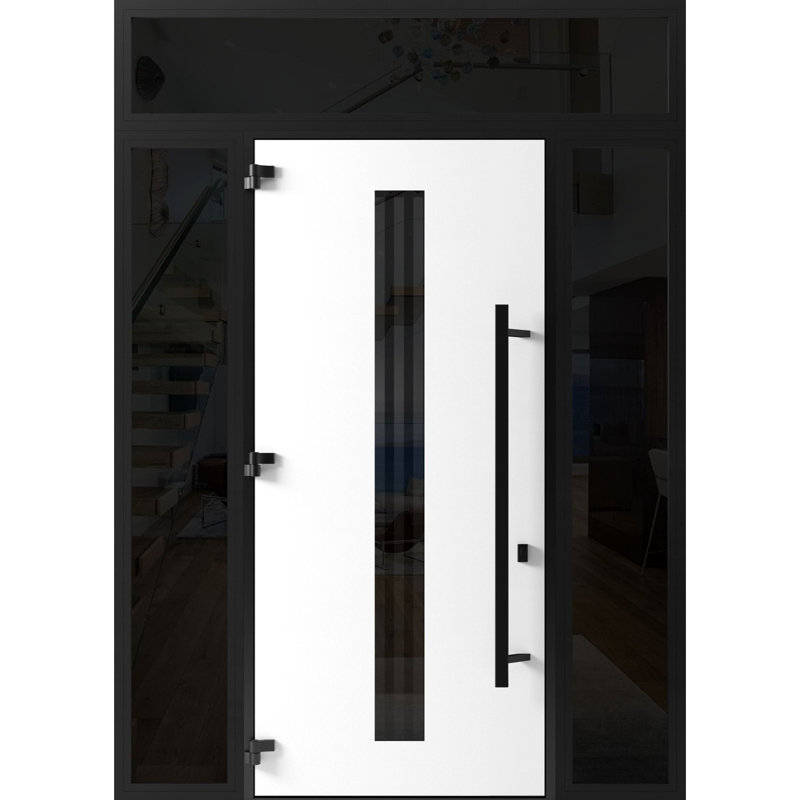 Porte avant en acier pré-suspendue à l'avant / teck Ronex 1055/2 fenêtres extérieures latérales et supérieures en métal / entrée en métal peint moderne l 12 + 36 + 12 po x H 96 + 16 po à droite