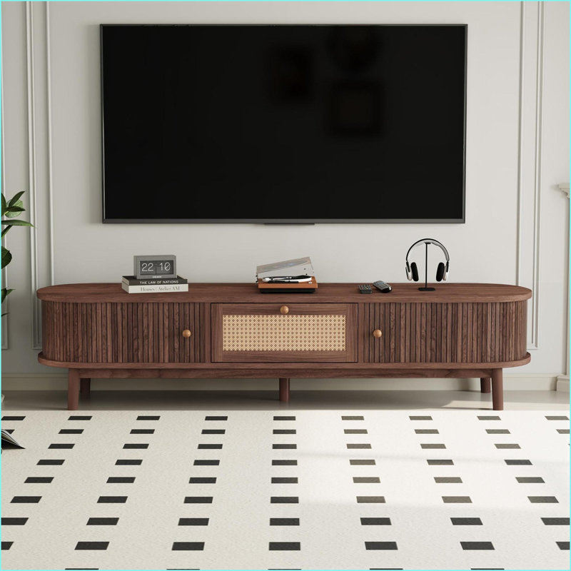 TV Stand, Modern Media Console with Rattan Drawer &amp; Sliding Doors for 75” TVs | Dark Brown | Solid Wood+MDF