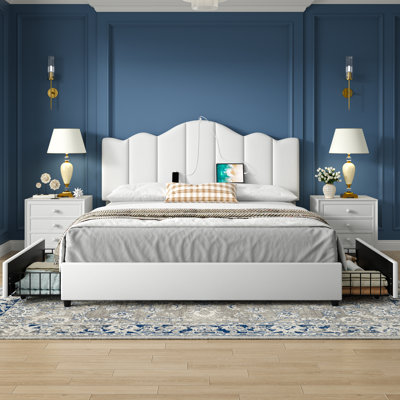White Upholstered Platform Storage Full Size Bed Frame with Adjustable Headboard, 4 Storage Drawers, Type-C & USB Charging Ports, Noise-Free Wood & Metal Structure, No Box Spring Needed