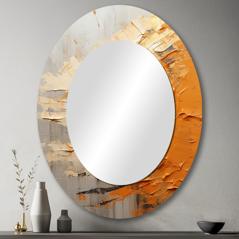 Gold Orange Desert Mirage Spiral III - Abstract Oval Decorative Mirror On Metal, 43" x 33"