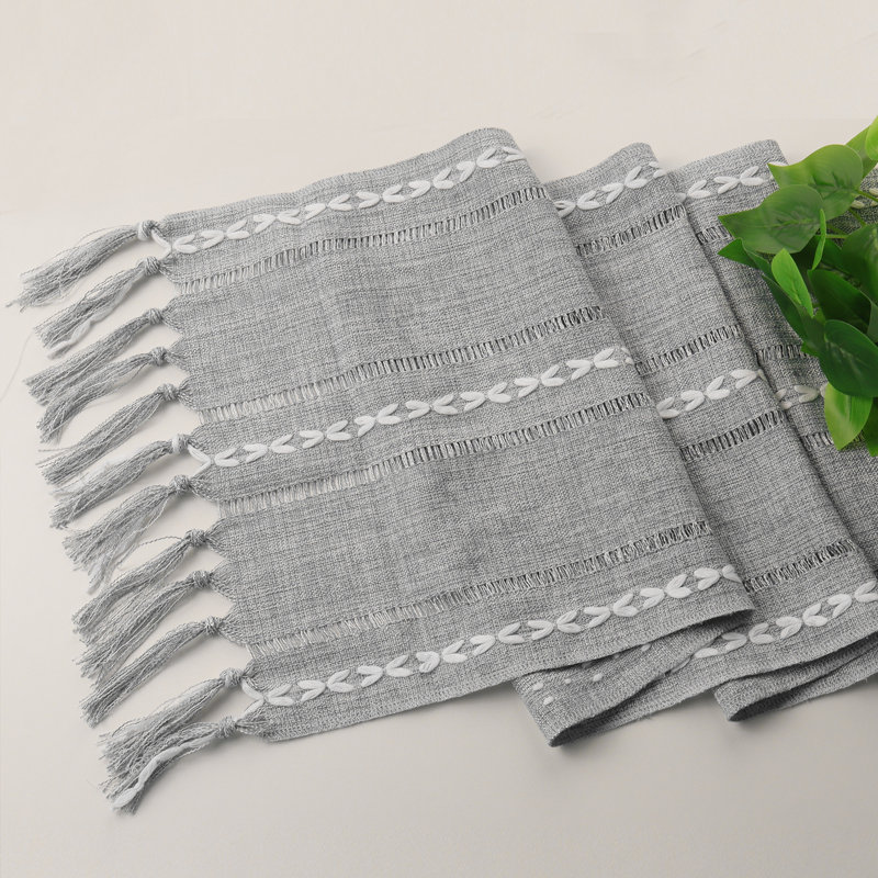 Chemin de table rayé en coton mélangé avec broderies ajourées, Gris, Rectangle 94 po