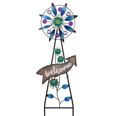 TERESA'S COLLECTIONS Peacock Garden Decor Solar Stake, Wind Spinner for Outdoor Decorations, Metal Windmill Blue Floral Yard Art Sign Decorative Garden Stake for Lawn Ornaments, Gifts for Mom, 26''