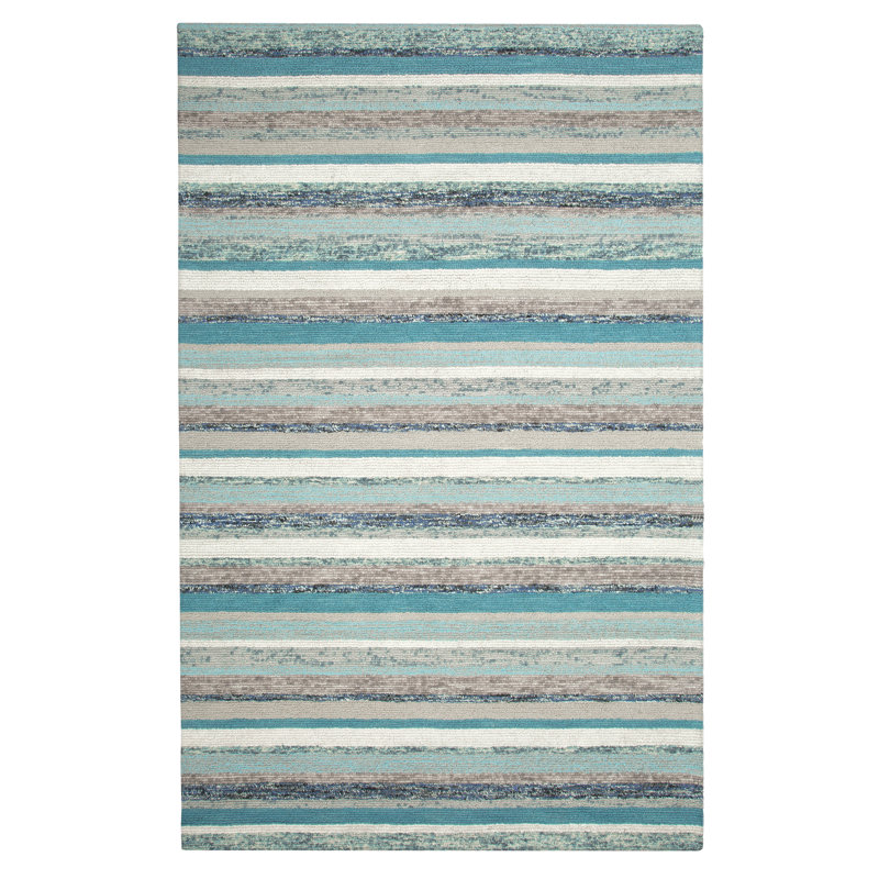 Fairfield Striped Handmade Tufted Blue/White/Brown Area Rug, Rectangle 5' x 8'