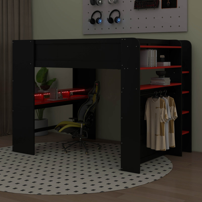 Lit mezzanine double avec bureau à hauteur réglable, garde-robe et lumière RVB, Noir / rouge