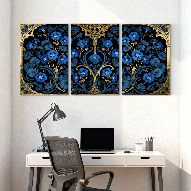 Plantes et fleurs fleurs bleues or ornement fond noir Design élégant trois panneaux d'art ensemble de 3 impressions sur toile