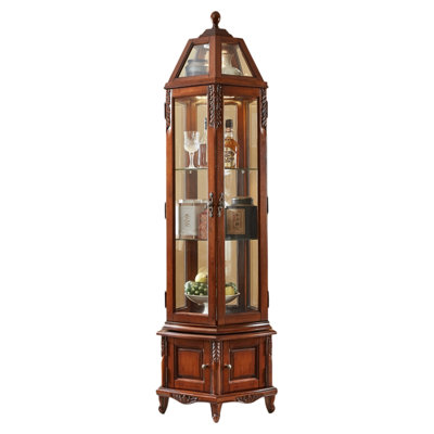 16.34" European Vintage Brown Solid Cherry Wood Pentagonal Wine Cabinet with Built-in LED Lights, Hand-Carved Wood Glass Display Storage Floor Cabinet for Wall Placement