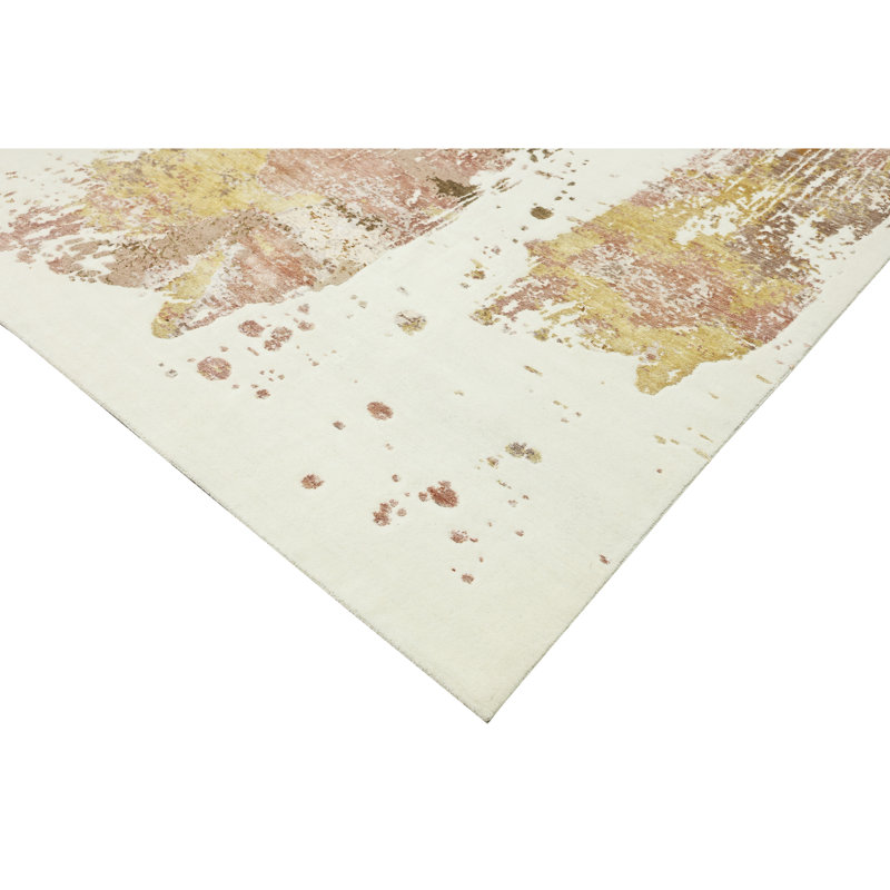 Hand Knotted Abstract Area Rug in White/Beige/Yellow, Rectangle 9' x 12'