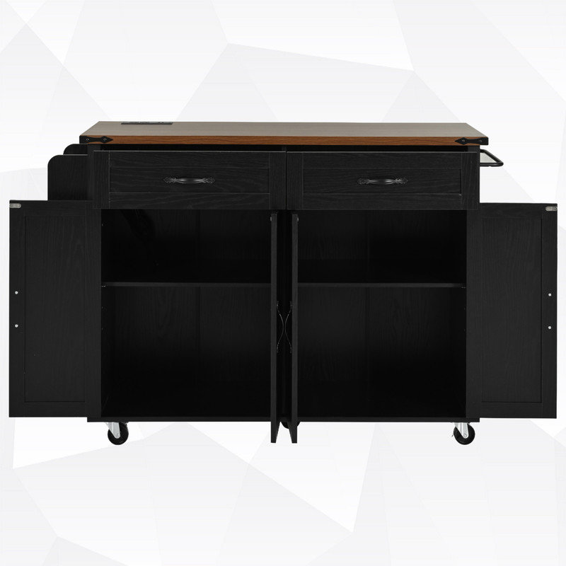 Kitchen Island with Drop Leaf & 2 Storage Cabinets, Black