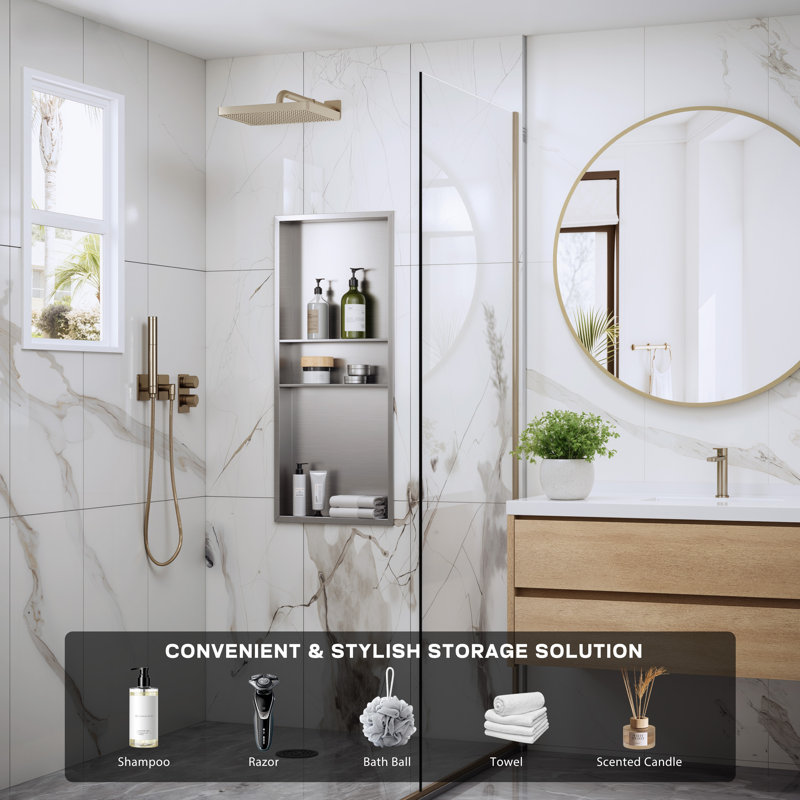 16" W X 40" H X 4" D Waterproof Recessed Shower Niche With 3 Shelves In Brushed Nickel, No Tile Needed, Brushed Nickel