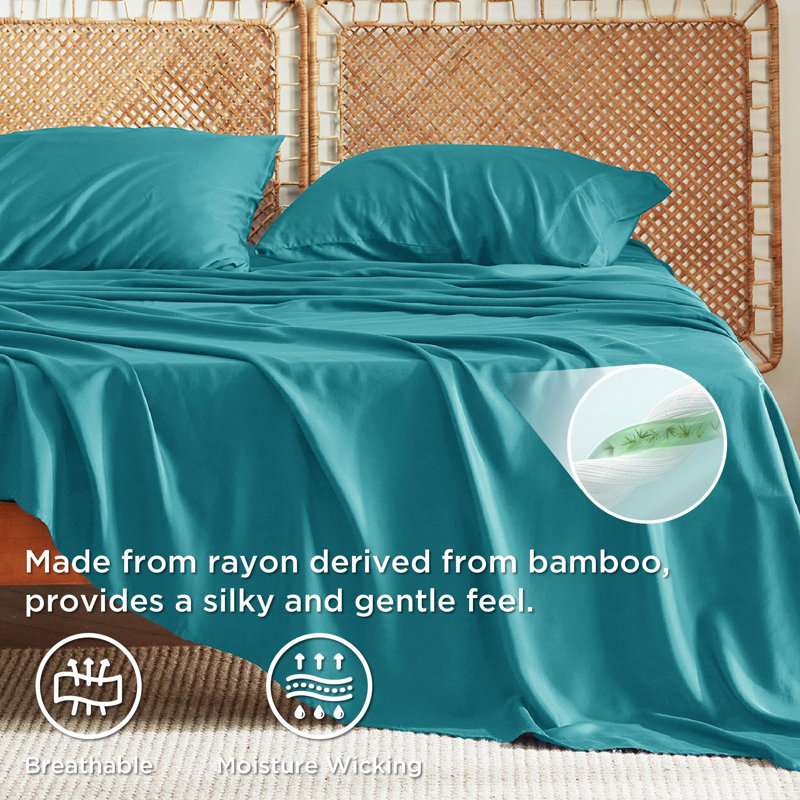 Essential Collection Cooling Rayon Derived from Bamboo Sheet Set, Turquoise, King Sheet Set with 2 Pillowcases