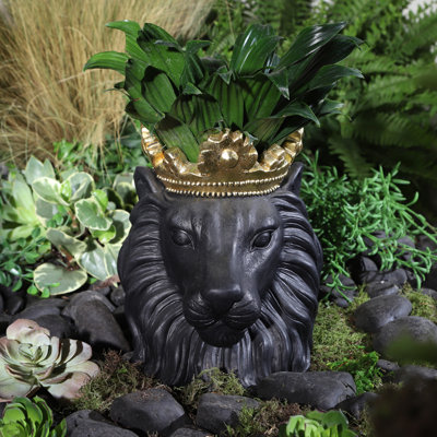 Regal Lion Head Resin Planter with Crown - Polyresin Decorative Plant Pot