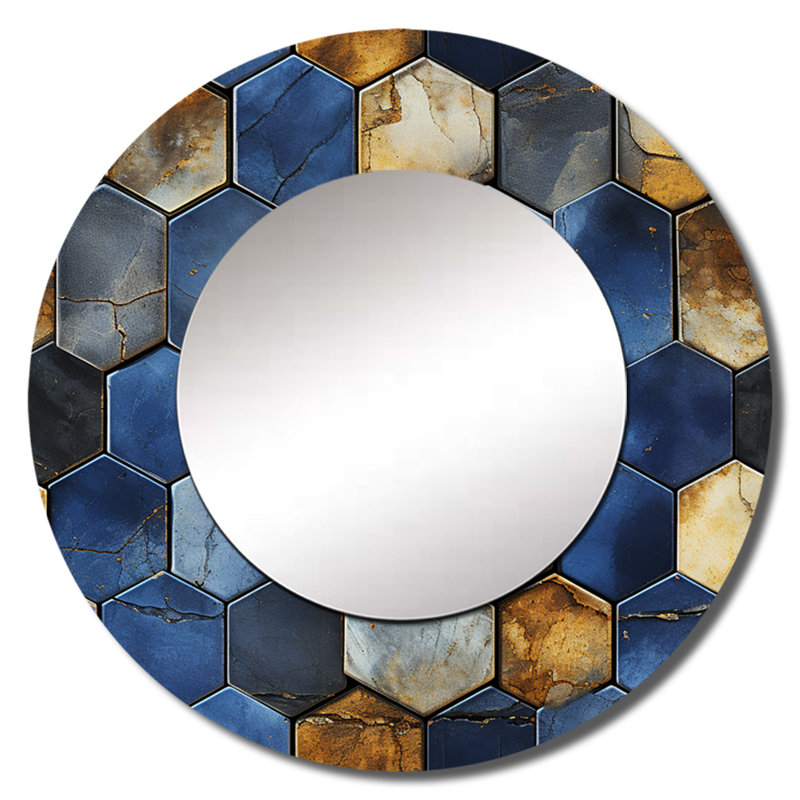 Gris et bleu Hexagone Symmetry - décor de miroir mural géométrique unique, grand miroir rond moderne, impression d'art en métal