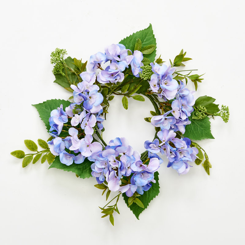 13" Purple Hydrangea Wreath with Green Leaves